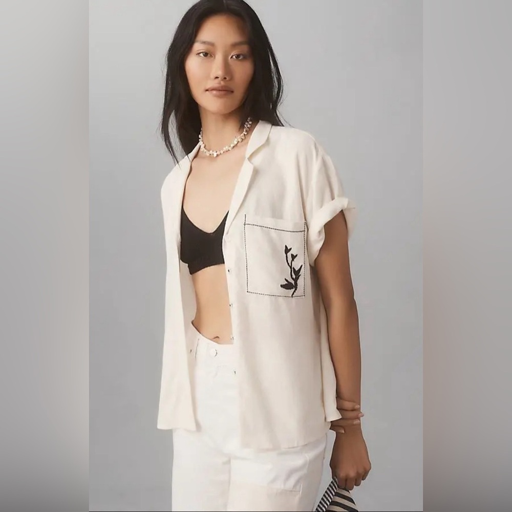 Maeve Cream Short-Sleeve Button-Down Shirt with Chest Pocket